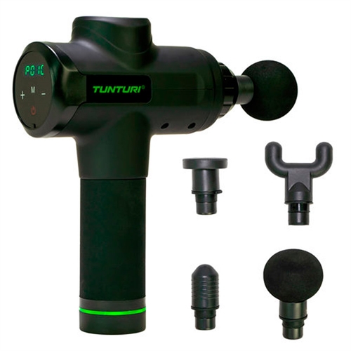 Dette er en Tunturi Massage Pistol, massageapparatet er sort og grønt