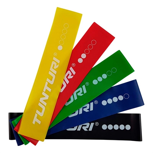 Dette er et Tunturi Mini Resistance Band Set 5 stk, elastikkerne er gul, rød, grøn, blå og sort